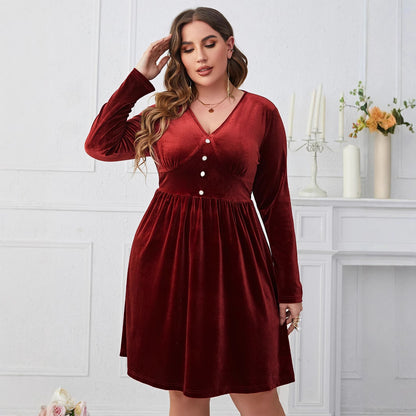Deep Red V-Neck High-Waist Long Sleeve Midi Dress