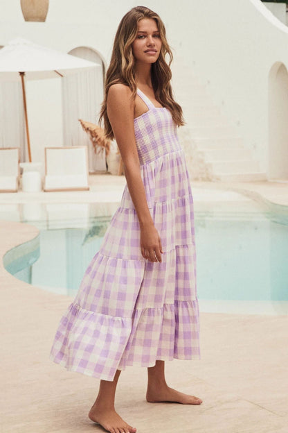 Plaid Color Block Ruffle Sleeveless Dress