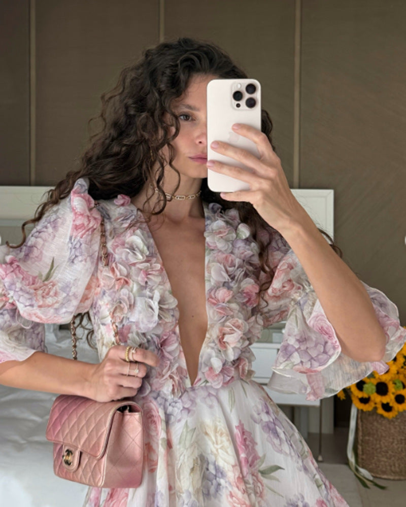 V-Neck Drawstring Vintage Floral Mini Dress
