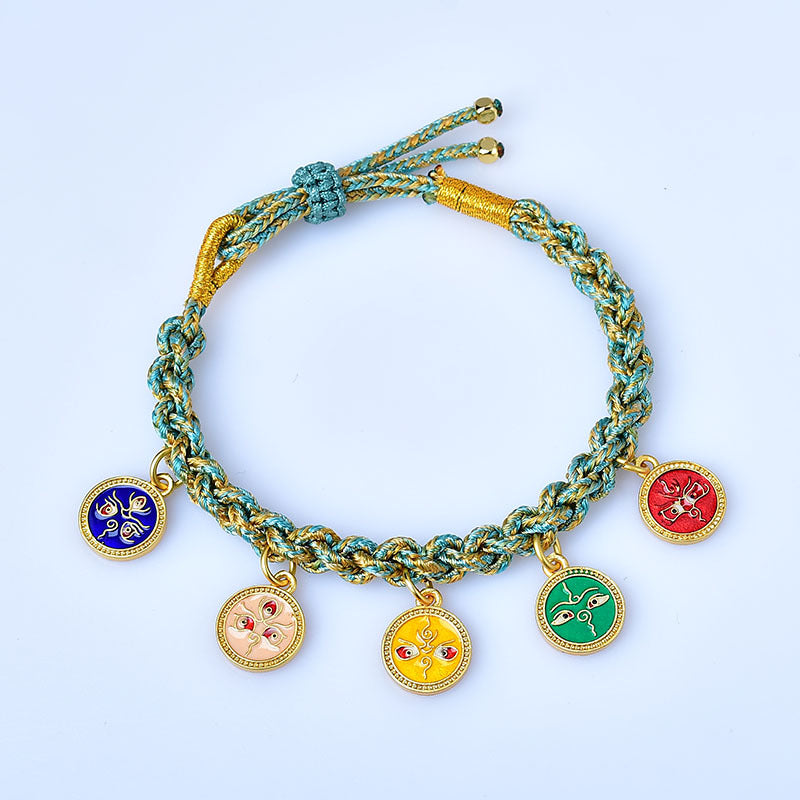 Tibetan Handwoven Colorful Five Way God Of Wealth Bracelet Rope Tangka God Of Wealth Green Tara Zakiram Bracelet