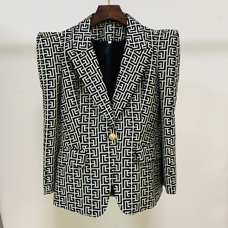 Stylish Geometric Pattern Blazer With Single Button Closure