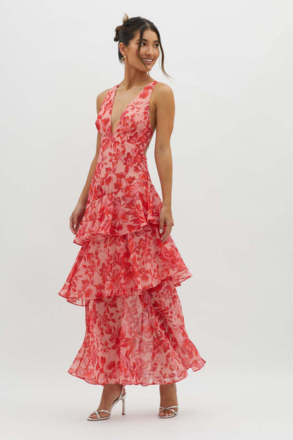 V-Neck Print Backless Flounce Sexy Dress