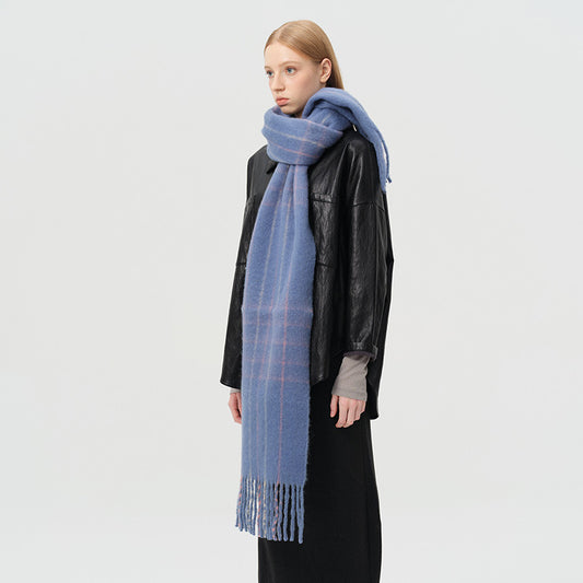 Macaron Color Fringed Check Scarf Soft Wool Blend Shawl