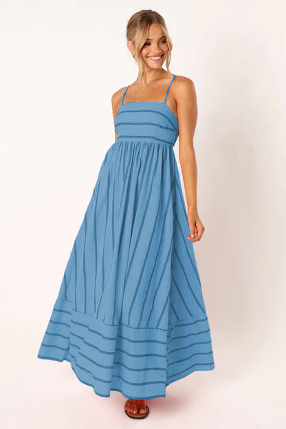 Striped Color Block Backless Spaghetti Dress