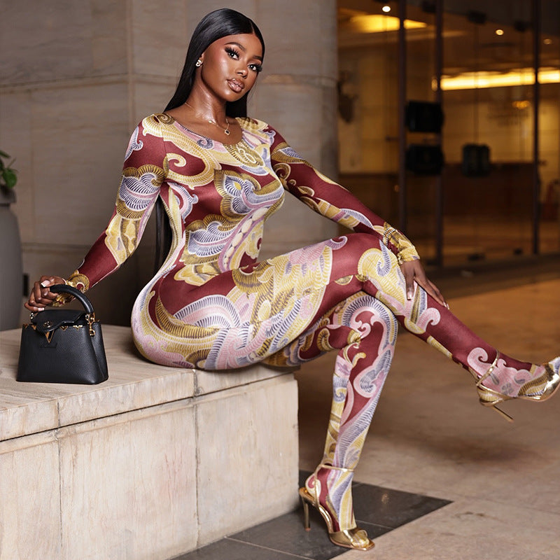 Fashionable Floral Print Slim-Fit Jumpsuit For Women