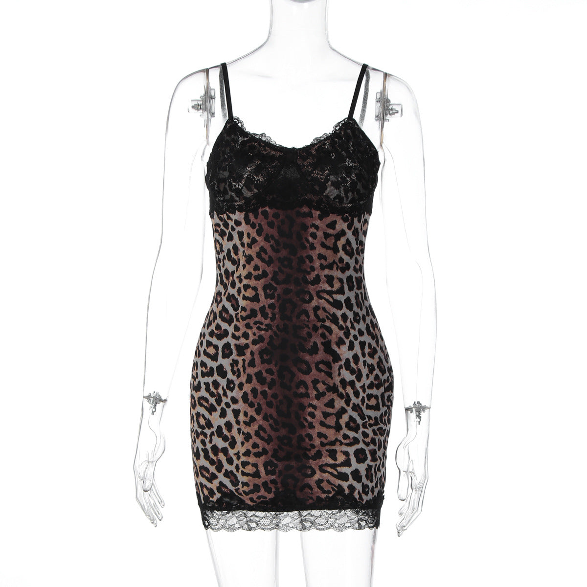 Sleeveless Leopard Print Bodycon Dress with Lace Trim