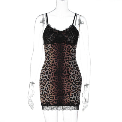 Sleeveless Leopard Print Bodycon Dress with Lace Trim