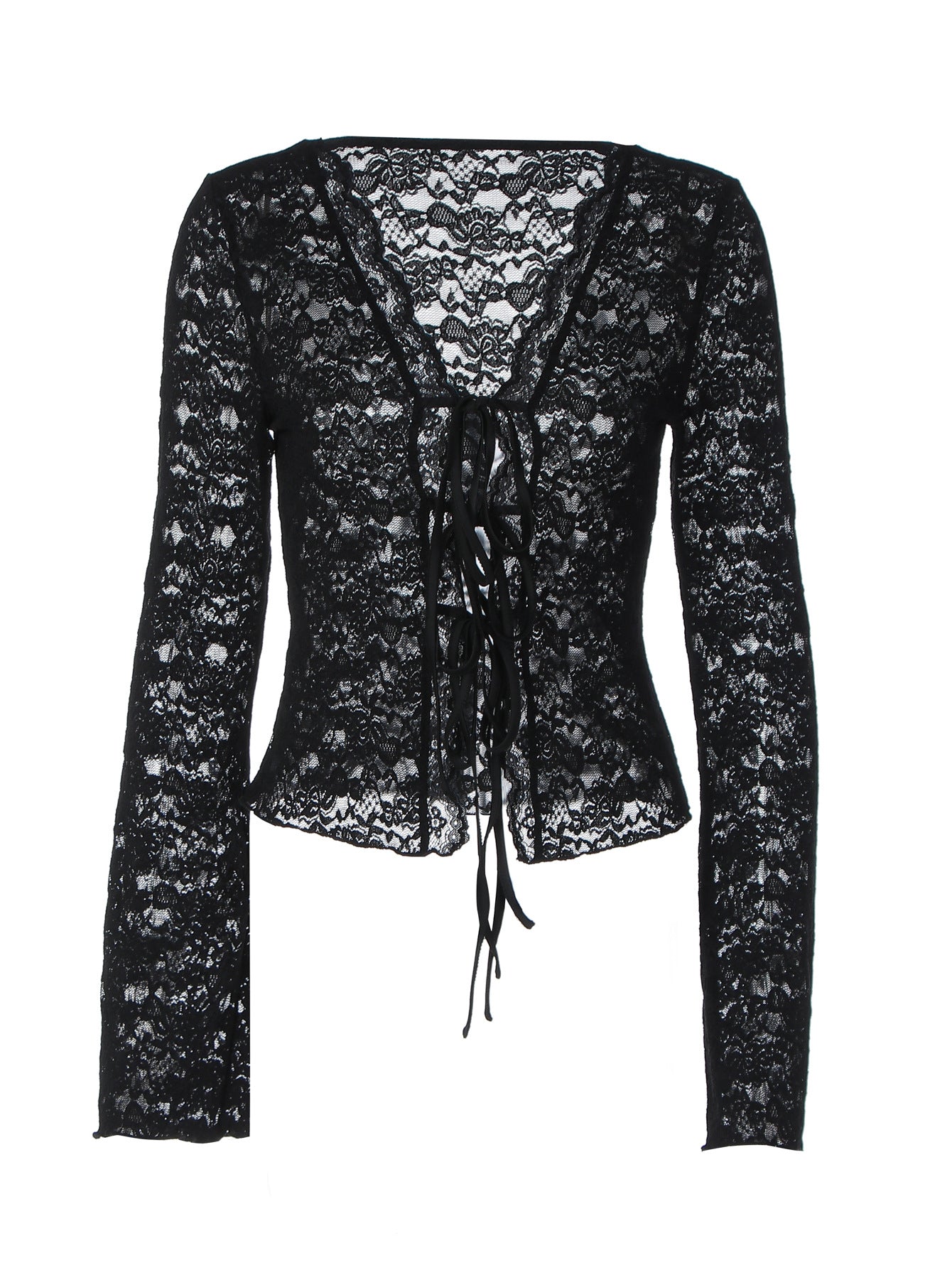 Fashionable Sheer Lace Tie-Front Long Sleeve T-Shirt
