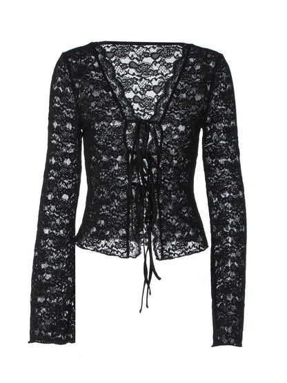 Fashionable Sheer Lace Tie-Front Long Sleeve T-Shirt