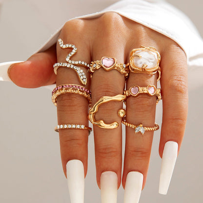 Heart Gemstone Ring Geometric Alloy Ring Set