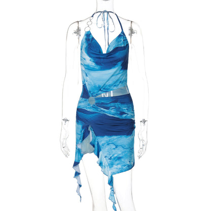 Sexy Backless Tie-Up Dress Trendy Floral Milk Silk Dress