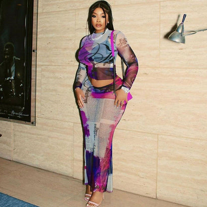 Sheer Mesh Two-Piece Set Long Sleeve Printed Top And Fitted Skirt