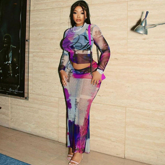 Sheer Mesh Two-Piece Set Long Sleeve Printed Top And Fitted Skirt