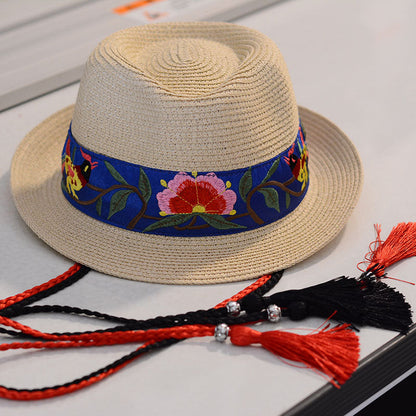 National Style Embroidered Hat Straw Hat Sun-Proof Visor Big Brim Summer Days Ladies National Hat
