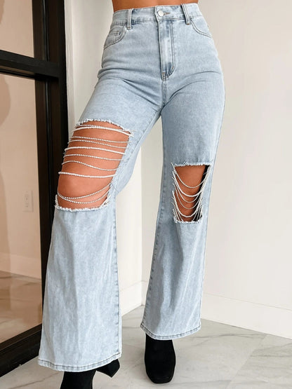 Distressed Chain Detail Straight Leg Women's Jeans