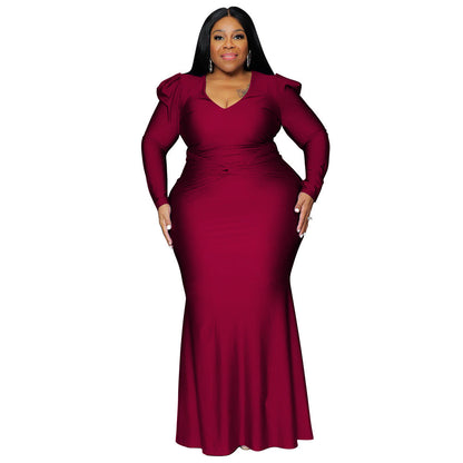 Sleek Solid Color Long Sleeve V-Neck Dress For Night Out