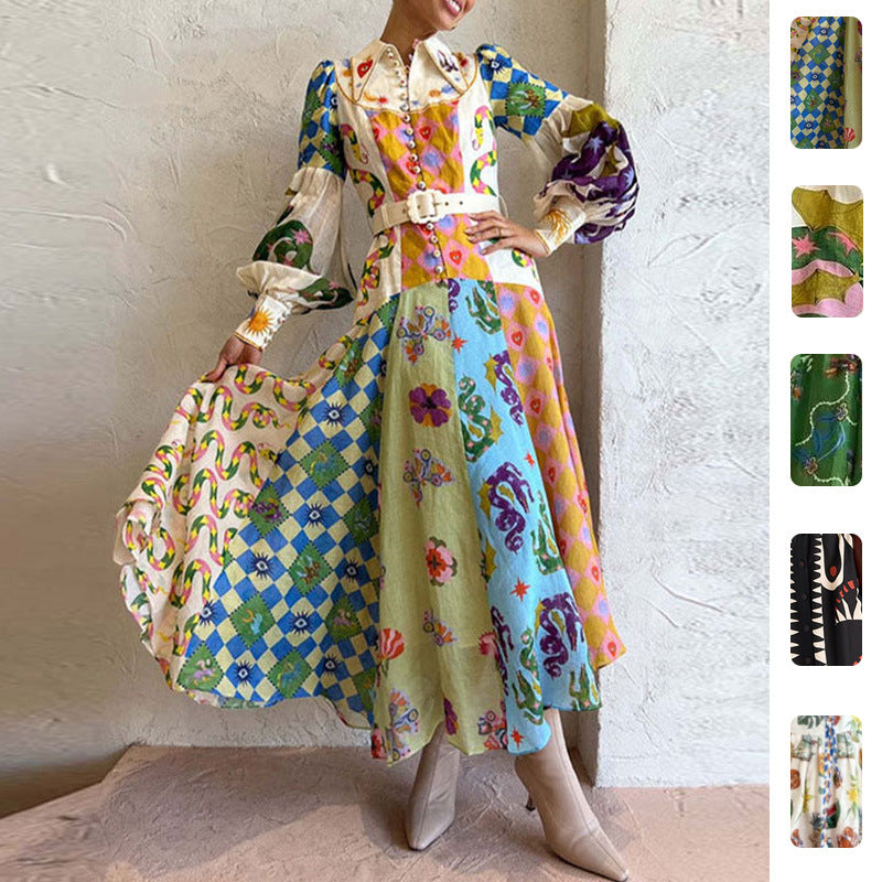 Elegant Floral Print Lantern Sleeve Maxi Dress