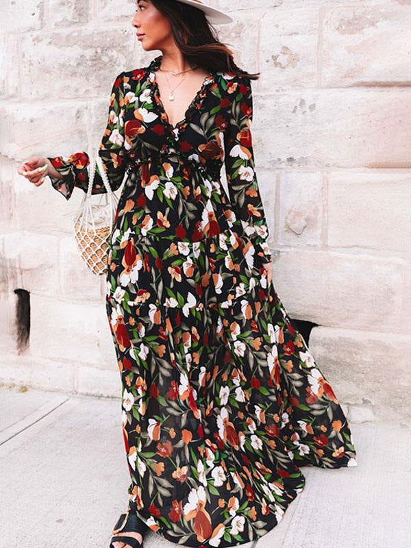 New Floral Print Long Sleeve Maxi Dress For Women