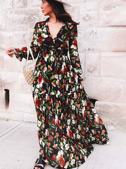 New Floral Print Long Sleeve Maxi Dress For Women