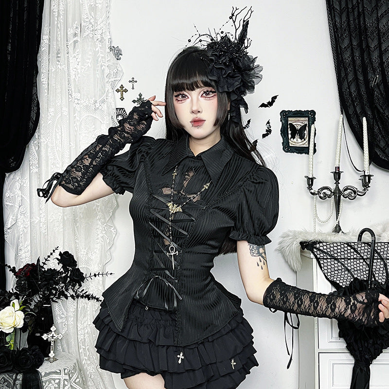 Gothic Lace Cross Lolita Shirt Elegant Short Sleeve