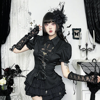 Gothic Lace Cross Lolita Shirt Elegant Short Sleeve