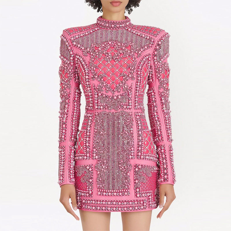 Elegant Sequin Bodycon Dress With Stand Collar