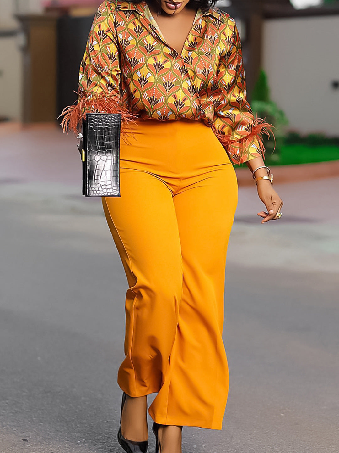 Elegant Printed Long Sleeve Shirt And Wide Leg Pants Set