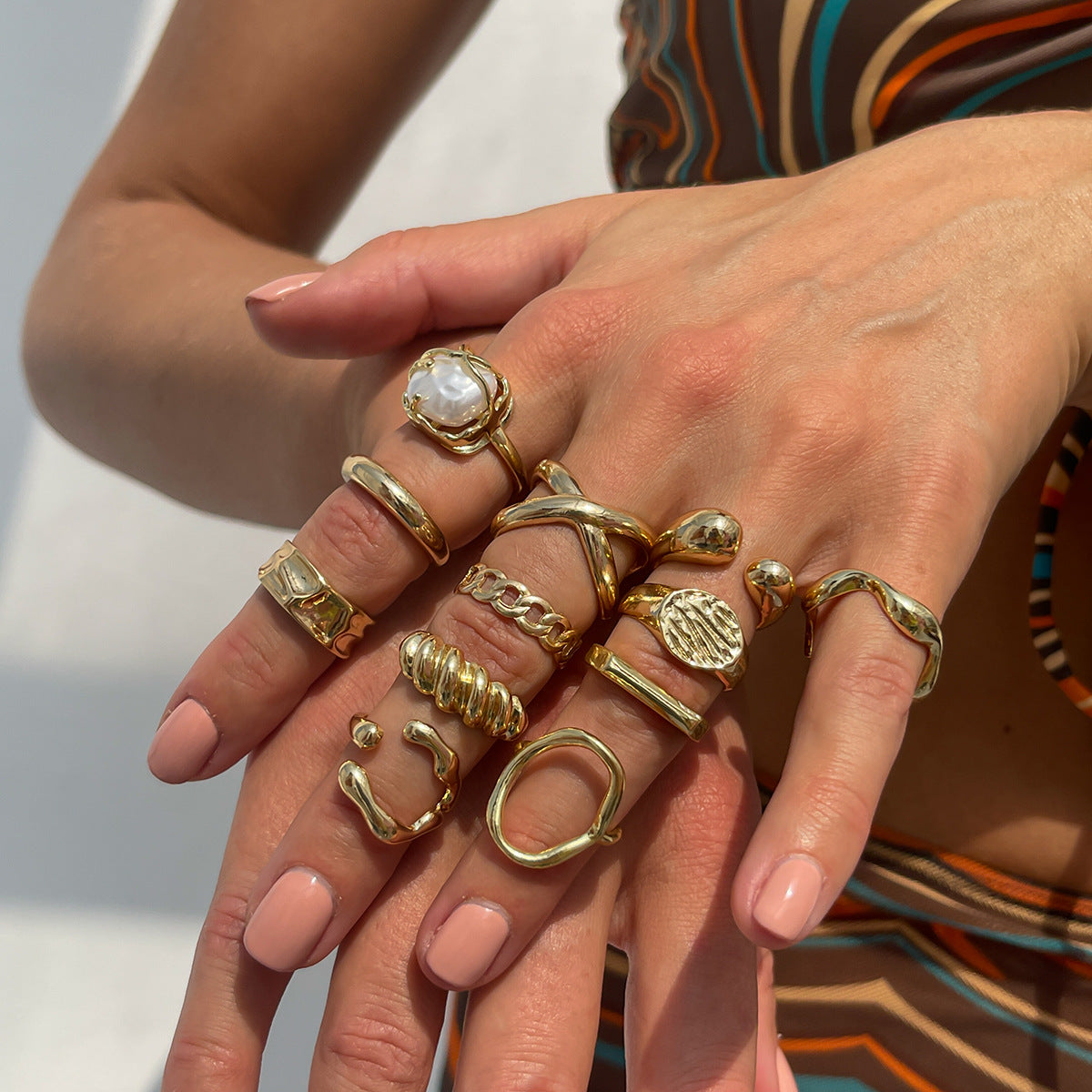 Geometric Metal Texture Water Drop Ring Set Trendy Women'S Rings