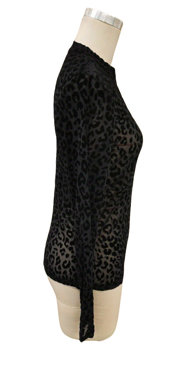 Black Leopard Print Sexy Mesh Top