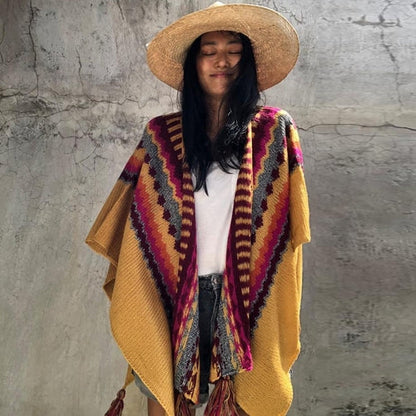 Striped Sweater Shawl Sleeveless Knit Cape Over Women'S Thick Blanket Coat