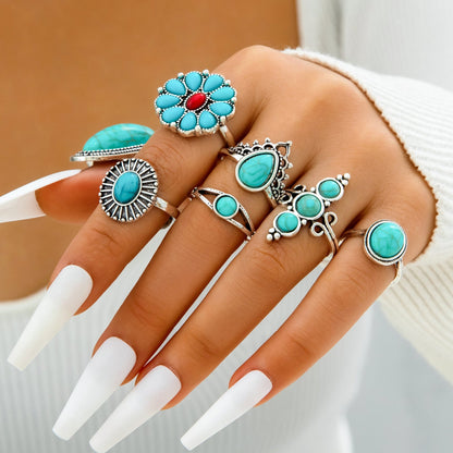 Bohemian Style Carved Feather Turquoise Ring Set