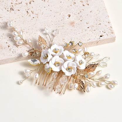 Handmade Pearl Flower Hair Comb with Gems in White