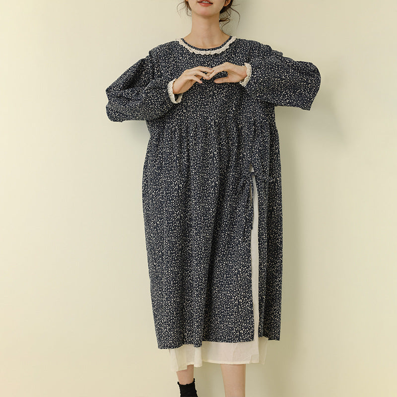 Floral Print Long Sleeve Cotton Linen Dress