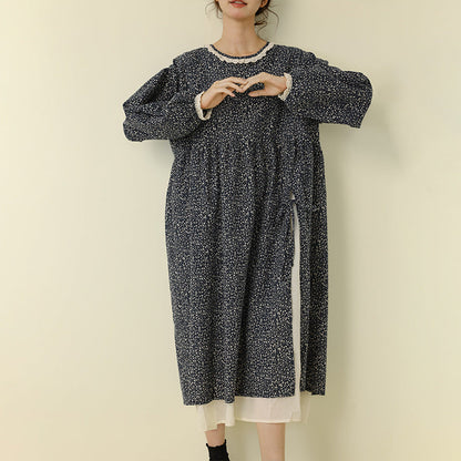 Floral Print Long Sleeve Cotton Linen Dress