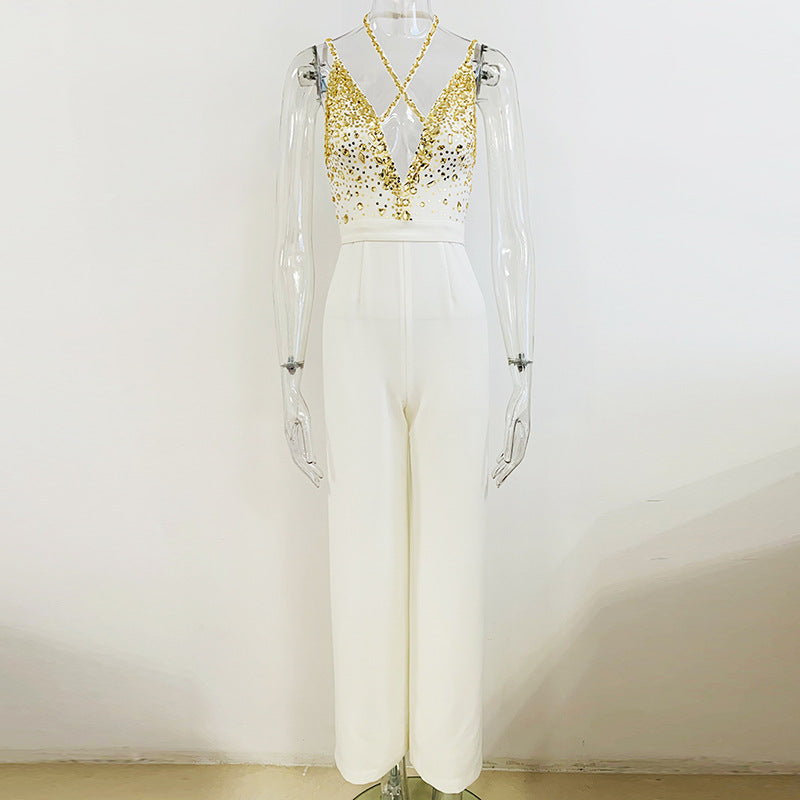 Beaded Sequin V Neck Jumpsuit