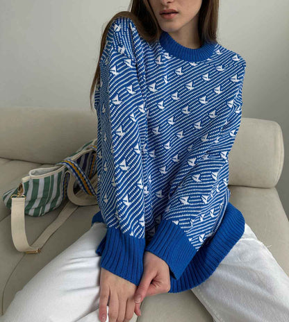 Print Contrast Color Loose Sweater