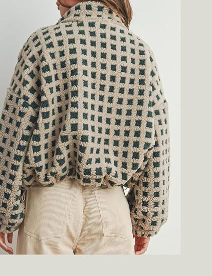 Color Block Plaid Stand Collar Shearling Jacket