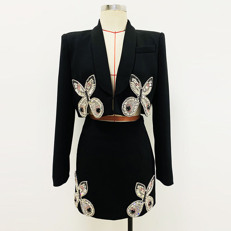 Beaded Butterfly Short Suit Skirt Set