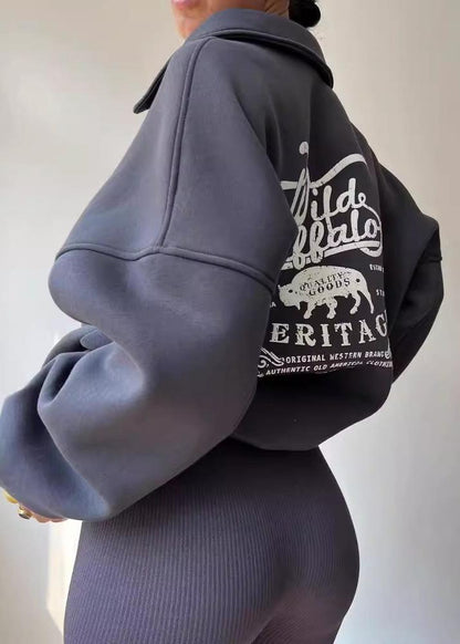 Oversized Half Zip Sweatshirt Cotton Blend Vintage Style