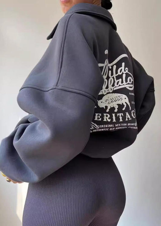 Oversized Half Zip Sweatshirt Cotton Blend Vintage Style