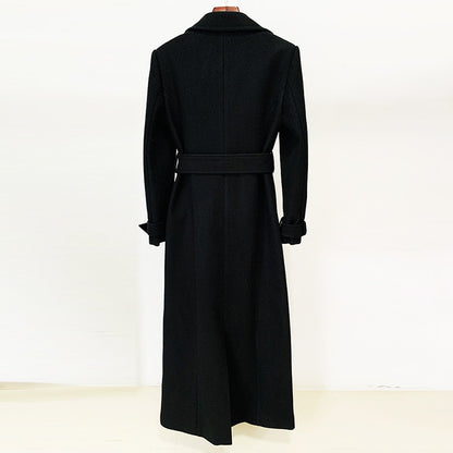 Trendy Black Long Woolen Coat With Belt