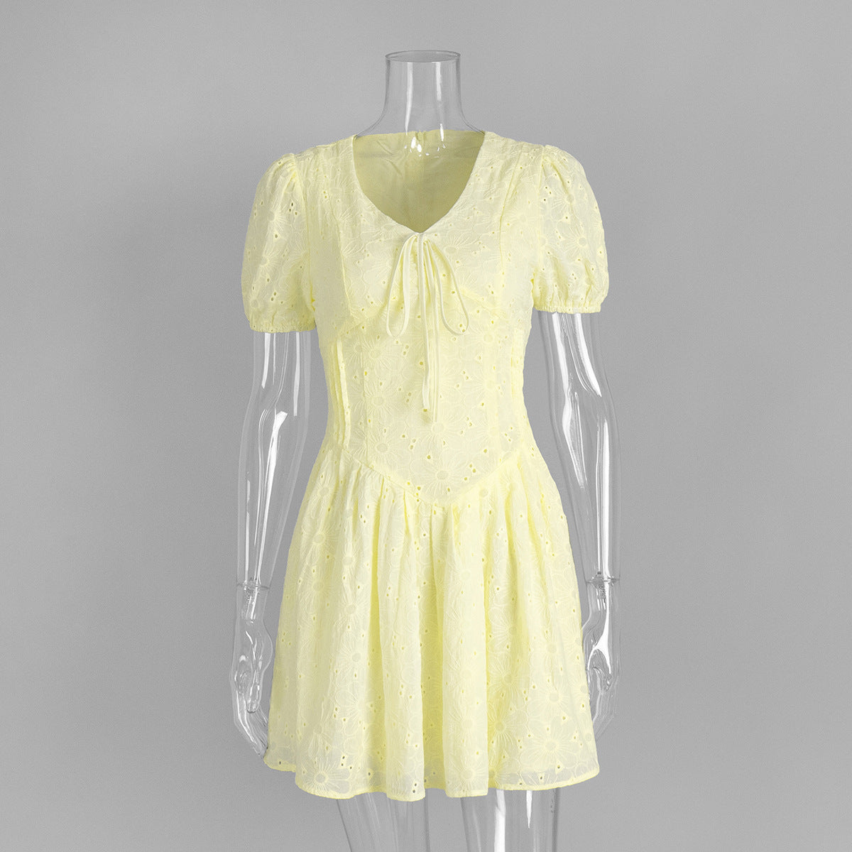 Yellow Embroidered A-Line Dress with Belted Waist