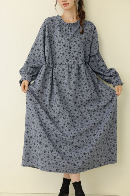 Floral Print Long Sleeve Cotton Dress Casual A-Line Dress