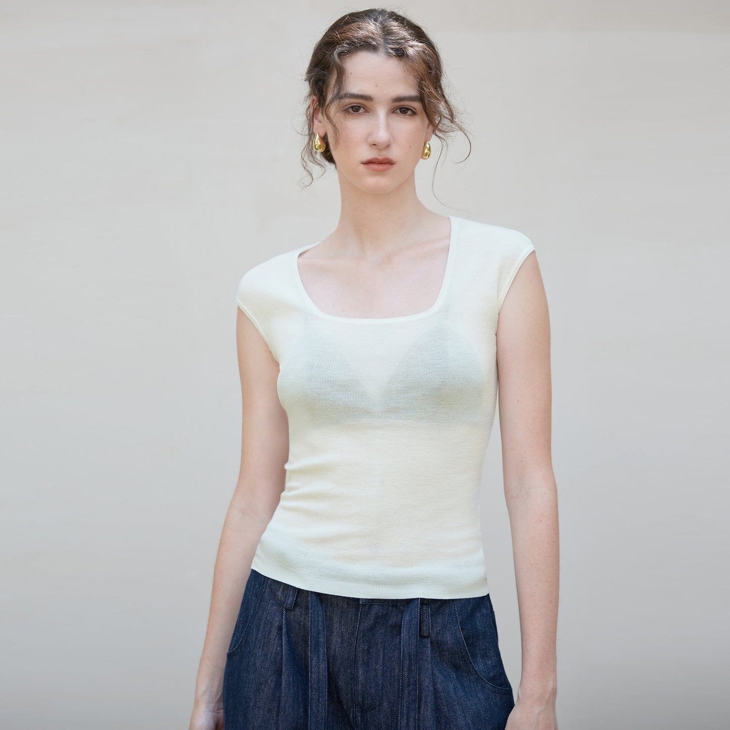Stylish Square Neck Short Sleeve Knitted T-Shirt