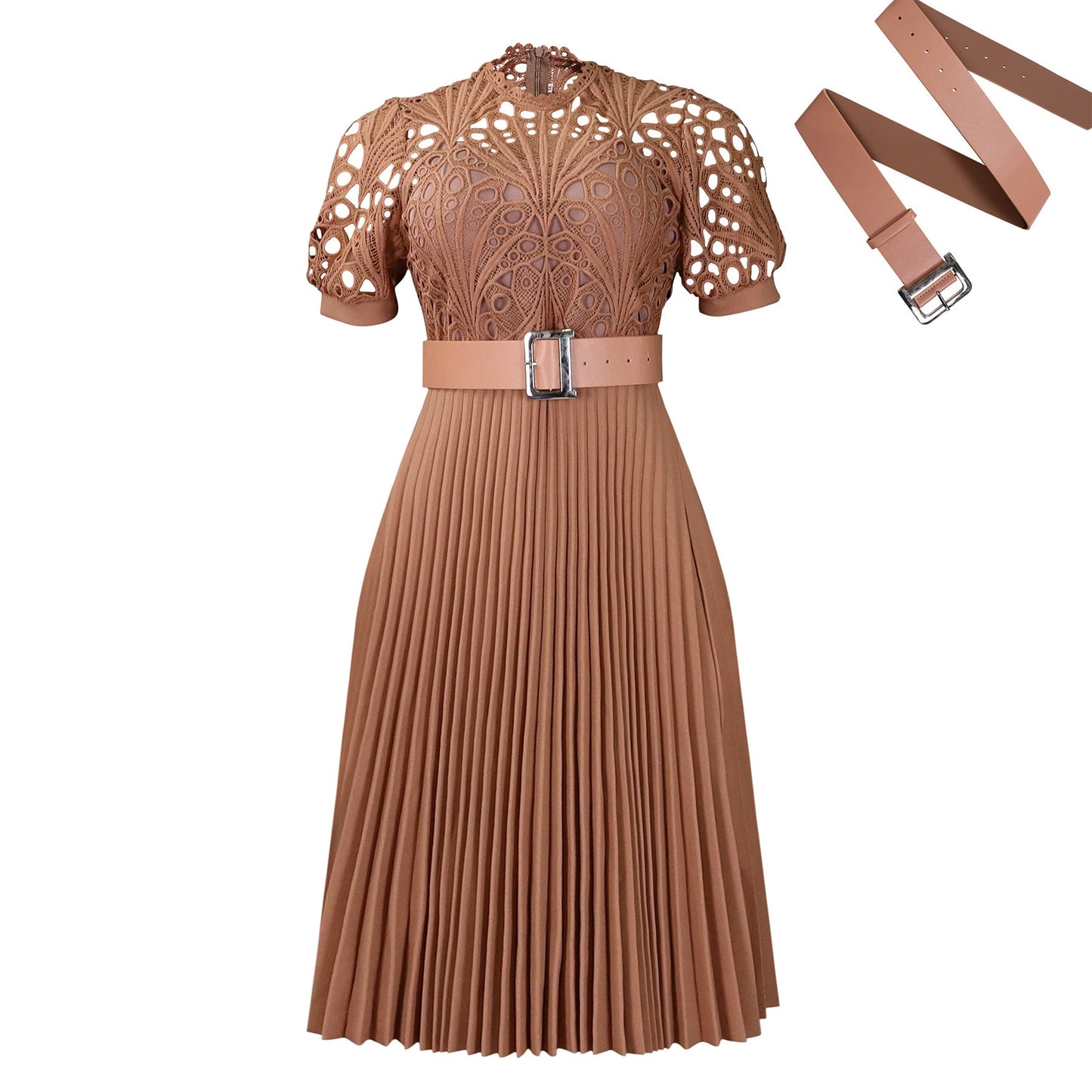 Elegant Lace Trim Short Sleeve A-Line Dress