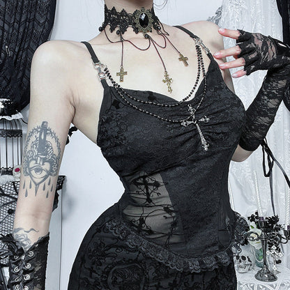 Gothic Style Detachable Chain Strap Top<br>Sleek Black Tank Top