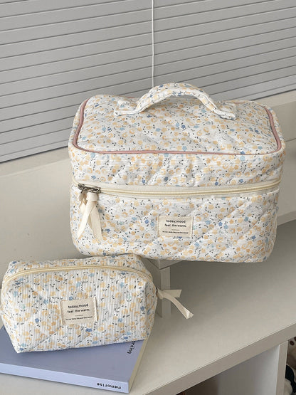 Cute Corduroy Flower Print Travel Makeup Bag