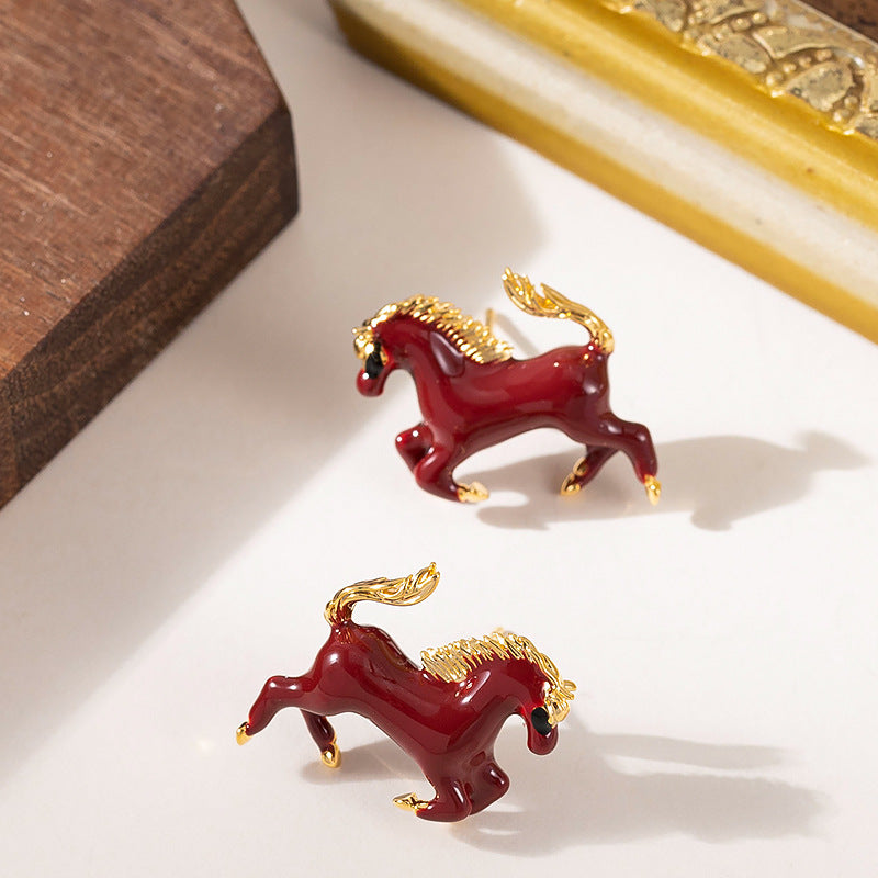 Elegant Enamel Horse Zodiac Stud Earrings For Women