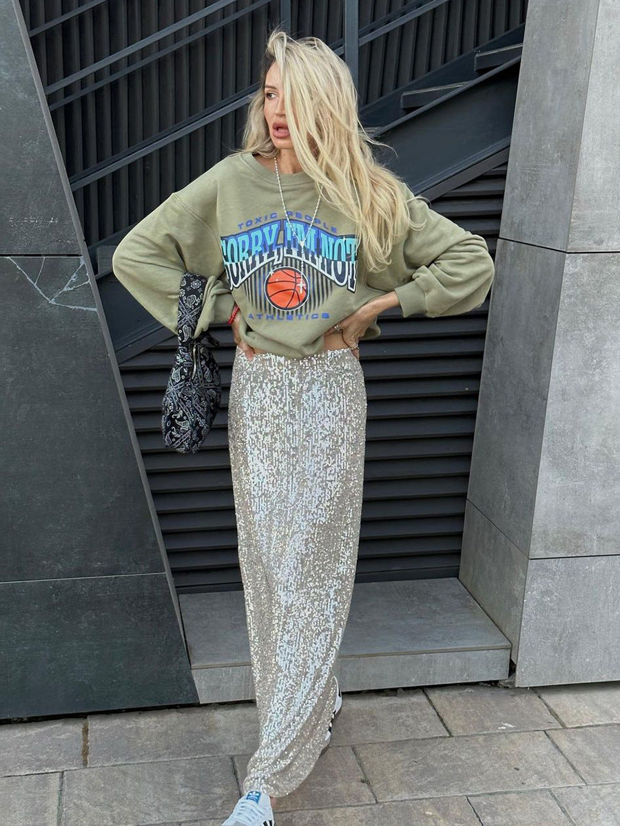 Sequin Maxi Skirt Stylish Casual Streetwear