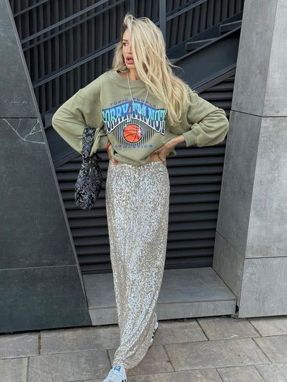 Sequin Maxi Skirt Stylish Casual Streetwear